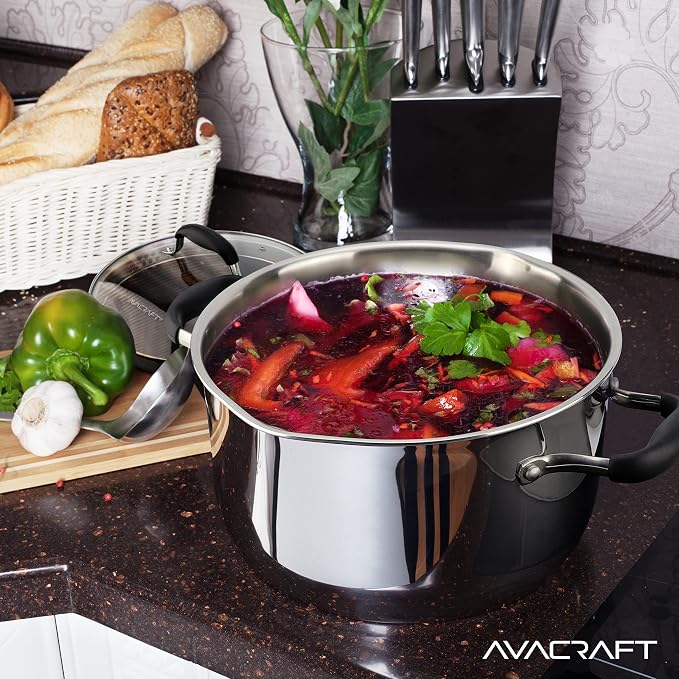 AVACRAFT 6 Quart Tri-Ply Stainless Steel Stock Pot with Glass Strainer Lid | 18/10 Stainless Steel, Full Tri-Ply Body, Dual Pour Spouts, Induction Compatible, Dishwasher Safe