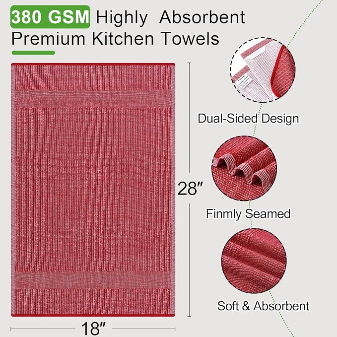 Mordimy Premium Large Cotton Kitchen Towels (18"x 28", 8 Pack), Red | 100% Ring Spun Cotton, Super Absorbent, 380 GSM, Flat & Terry, Soft, Hanging Loop Dish Towels