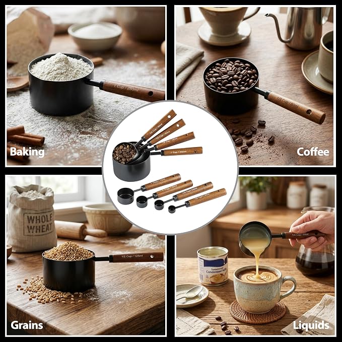 Measuring Cups and Spoons Set, 8PCS Stainless Steel Metal Measuring Cups, Walnut Wood Handle, Black Plated, For Dry and Liquid Ingredients