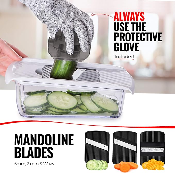 Fullstar Pro Mandoline Vegetable Slicer, Grater & Spiralizer with Container | 6 in 1 Fruit Cutter, Cheese Grater & Spiralizer with Safety Gloves, Stainless Steel Blades & Container (White/Black)