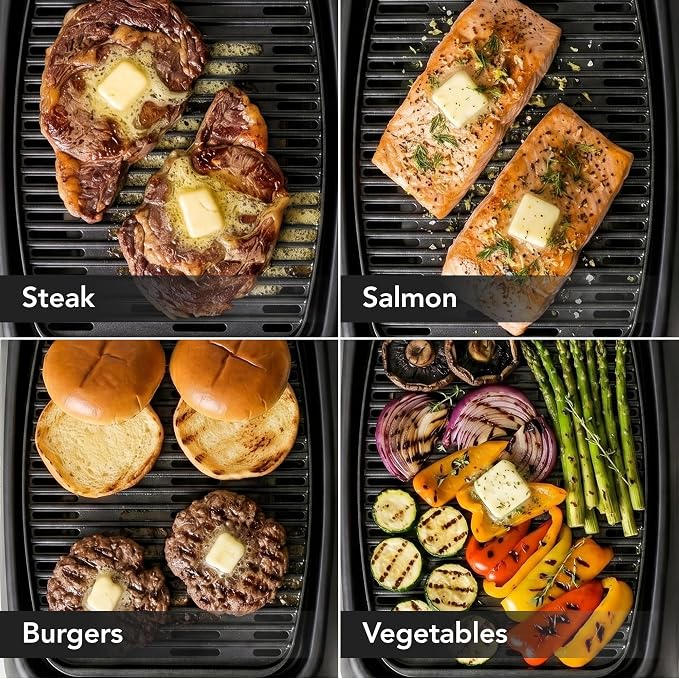 OVENTE Electric Indoor Grill, 13x10 Inch Non-Stick Plate, Black GD1632NLB | 1000W Fast Heat Up Power, Adjustable Temperature, Removable and Dishwasher Safe Grilling Plate and Drip Tray