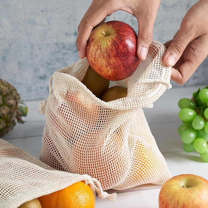 PALTERWEAR 100 Percent Natural Cotton Double Drawstring Mesh Bag For Herbs, Nuts, Fruit, Vegetables (8 x 10 Inch - Set of 5)