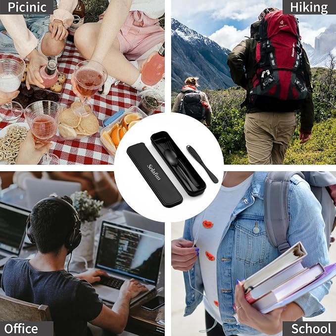 5-pieces Travel Set with Case Portable Silverware Utensils Set for work, Stainless Steel Reusable Flatware Set Cutlery Set for Camping Picnic Hiking Office, (matte black, 5.9)
