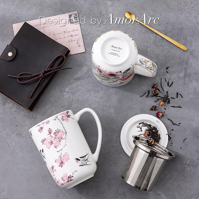 AmorArc Tea Cup With Infuser and Lid, 18oz Loose Leaf Tea Mug With Steeper | Porcelain Tea Mug With Infuser and Lid, Large Strainer Tea Cup with Lid for Tea, Coffee Mug for House-warming Birthday Gift