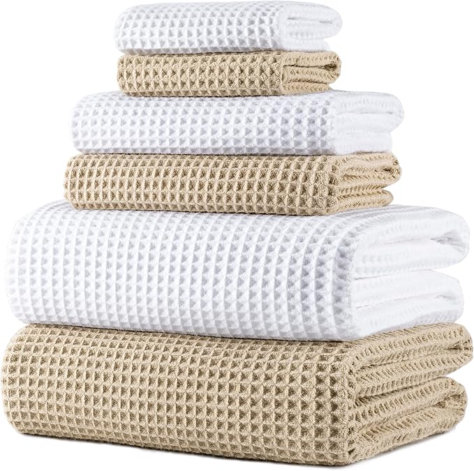 POLYTE 430 GSM Poly Blend Microfiber Quick Dry Waffle Bath Towel Set of 6 | 2-Body Towels, 2-Hand Towels, 2-Wash cloths, Oversize, Lint Free