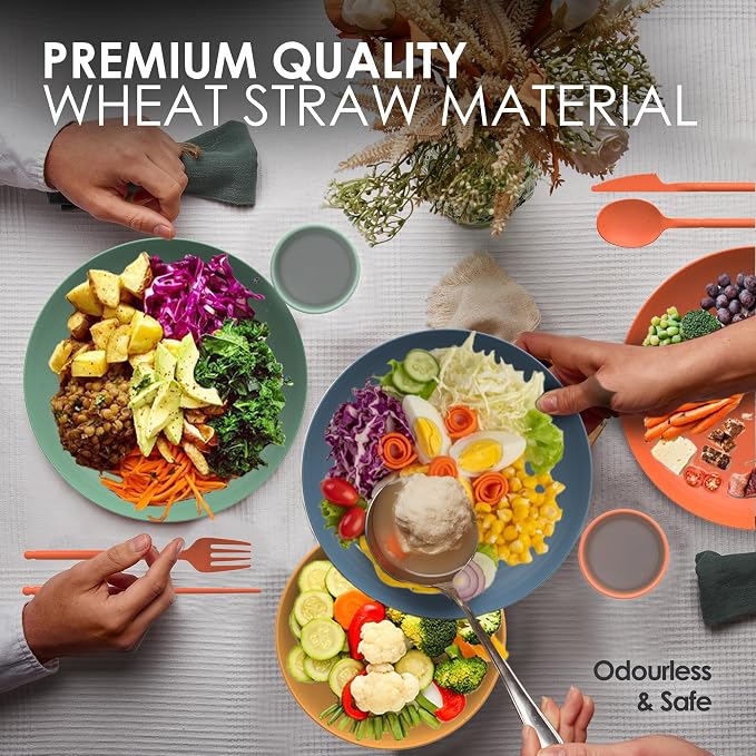 Wheat Straw Dinnerware Sets For 4 - Camping Plates Cups And Bowls Set - Dishwasher Microwave Safe Dishes - Alternate To Plastic Dinnerware Set - Wheat Straw Plates And Bowls Sets - RV Dishes