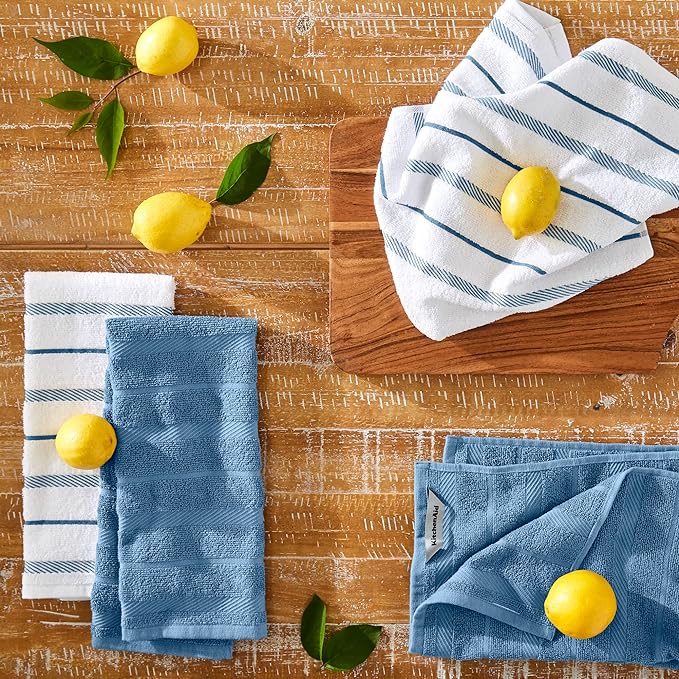 KitchenAid Albany Kitchen Towel 4-Pack Set, Blue Velvet/White, 16"x26"