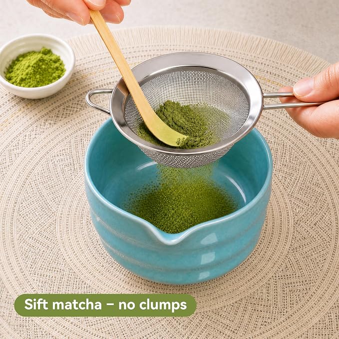Matcha Whisk Set with Serene Blue Ceramic Bowl - All-in-One Matcha Starter Kit, Bamboo Whisk (Chasen), Whisk Holder, Matcha Powder Sifter, Scoop, Japanese Tea Ceremony Tools