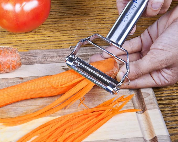 Julienne Vegetable Peeler, Cutter and Slicer is Perfect for Making Potato, Carrot, Zucchini or Butternut Squash Noodles. Amazing Peeler Includes a Free Cleaning Brush and has a Dual Blade Feature. Enhance Your Kitchen Experience Now!