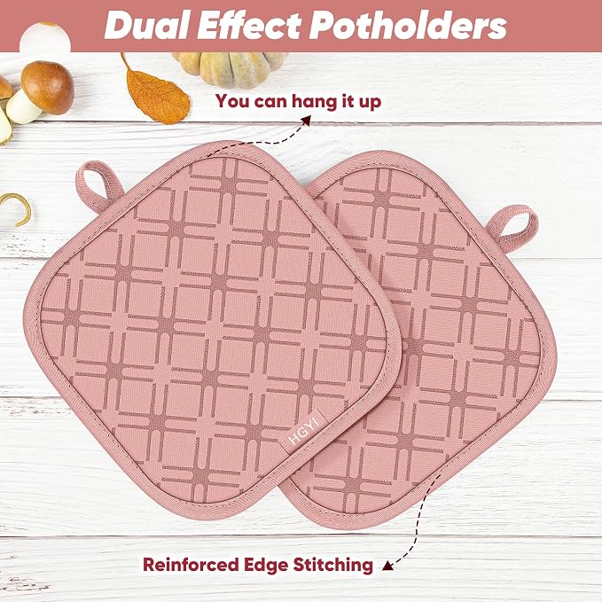 Oven Mitts and Pot Holders Set with Dishcloths, 500 Degree Heat Resistant Oven Gloves and Hot Pads, Premium Soft Cotton Kitchen Mittens and Dish Cloth Sets-Pink