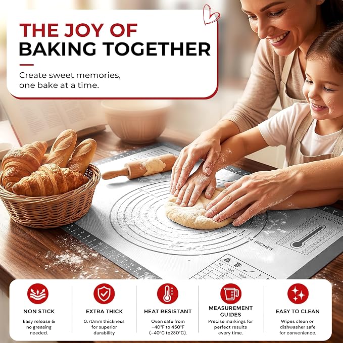 XL Silicone Pastry Mat for Baking Dough Mat, Extra Large 28x20 inches Grey | Non-Stick & Non-Slip Dough Mat for Rolling Out with Measurements, Bread, Pizza, Pie Crust, Cookies, Fondant Oven Safe