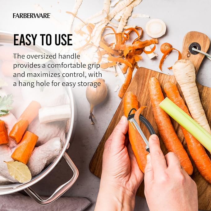 Farberware Pro2 Euro Vegetable Peeler with Swivel Blade and Built-In Bud Remover, Razor-Sharp Rust-Resistant Stainless Steel, Ergonomic Handle, Dishwasher Safe