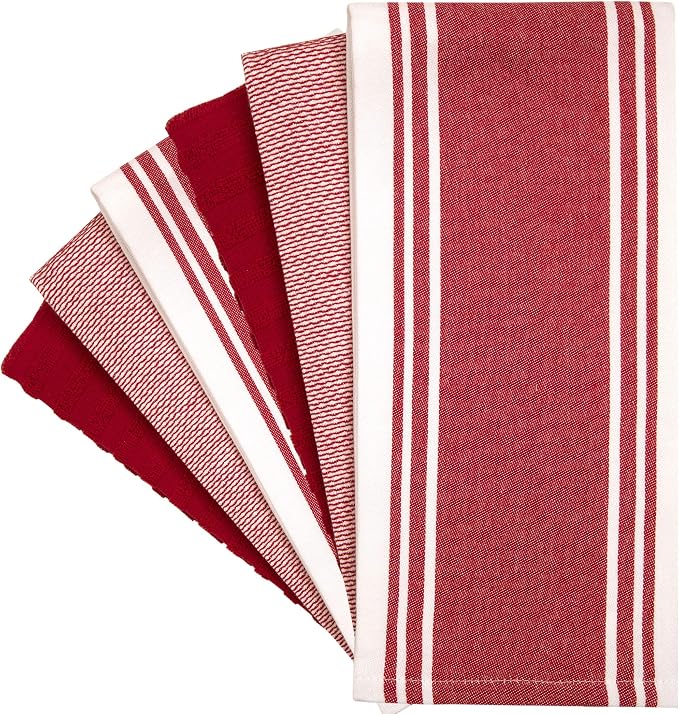 Premium Kitchen Towels 6 Pack 100% Cotton 20"x28" Dish Towels - Red Wide | Large Flat & Terry Kitchen Linen Set with Hanging Loops, Highly Absorbent for Washing and Drying Dishes