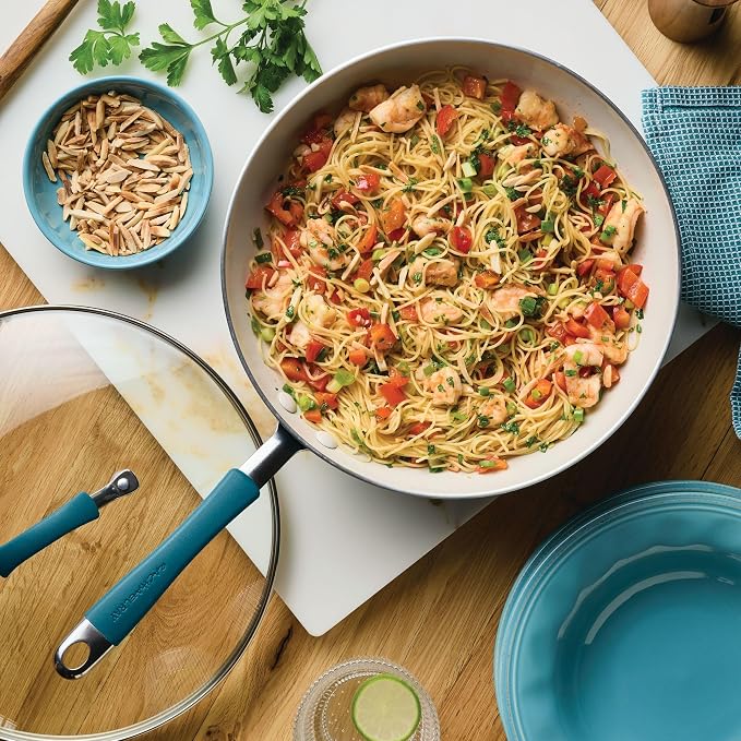 Rachael Ray Cucina Ceramic Nonstick Stir Fry Pan and Lid, 11 Inch Non Stick Wok Pan, Dishwasher Safe - Marine Blue