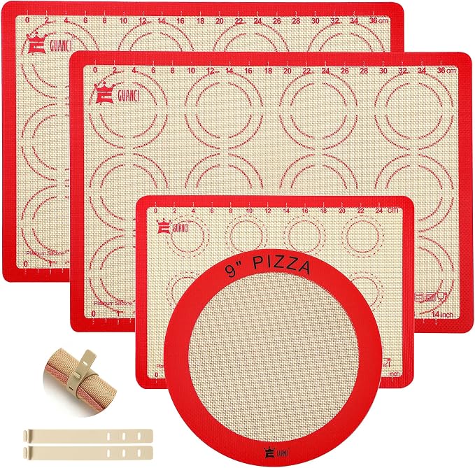Silicone Baking Mat Set of 4, 2 Medium 16.5"x11.6", 1 Small 11.8"x8.4", 1 Piece 9" Round, All Mats 0.7mm Thick, Food Grade Non-Stick Reusable Baking Mats for Pizza, Bread, Pastry, Macarons