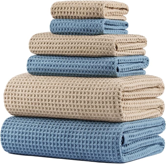 POLYTE 430 GSM Poly Blend Microfiber Quick Dry Waffle Bath Towel Set of 6 | 2-Body Towels, 2-Hand Towels, 2-Wash cloths, Oversize, Lint Free