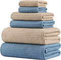 POLYTE 430 GSM Poly Blend Microfiber Quick Dry Waffle Bath Towel Set of 6 | 2-Body Towels, 2-Hand Towels, 2-Wash cloths, Oversize, Lint Free