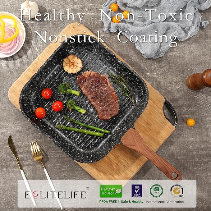 ESLITE LIFE Nonstick Grill Pan for Stove Tops, Versatile Griddle with Pour Spouts, 11 Inch Square Big Grilling Skillet Steak Pan for Indoor & Outdoor Cooking, PTFE & PFOA Free, Black