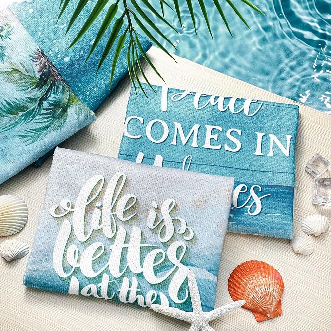 4 Pcs Summer Beach Kitchen Towels Nautical Coastal Hand Towels | Blue Ocean Waves Fast Drying Absorbent Tropical Sea Dish Cloth Housewarming Gift for Home Cooking Kitchen Bathroom