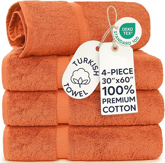 Chakir Turkish Linens 4 Piece Extra Large Bath Towels, 100% Cotton Luxury Turkish Towels for Bathroom, Soft Absorbent Bath Towels, 30 x 60 Inches, Coral
