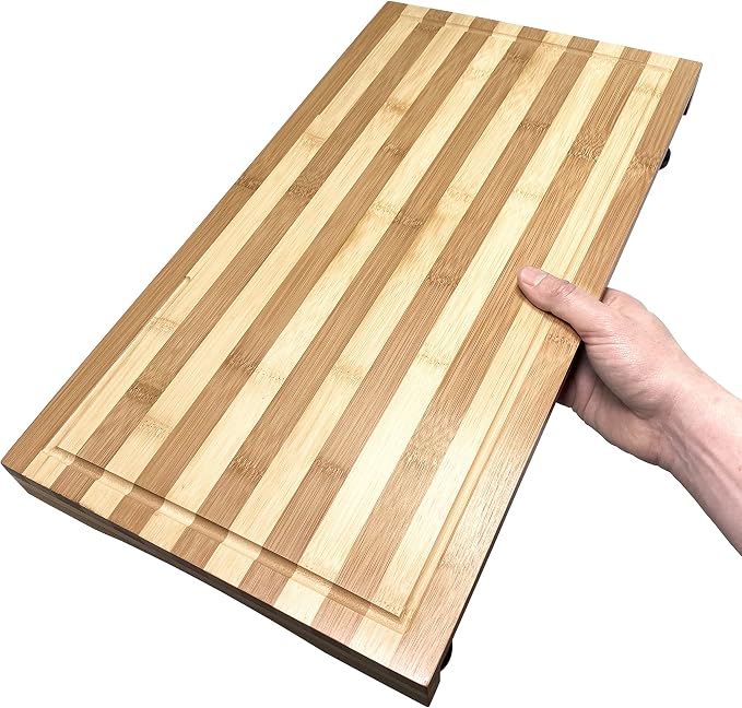 Ceaz Bamboo Cutting Board with Adjustable Legs - Raised Stovetop Cover, Wood Chopping Butcher Block with Juice Grooves for Kitchen, RV, Camper - Complete with Silicone Food Covers