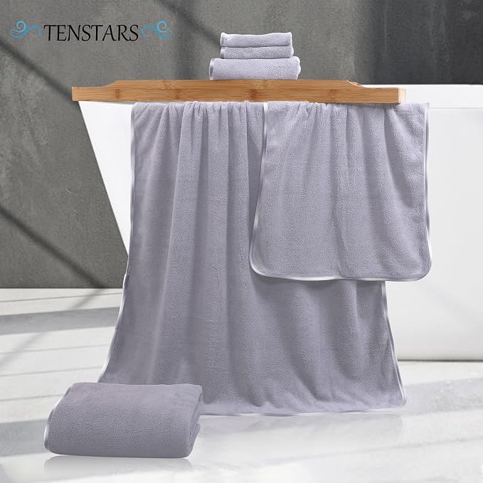 TENSTARS Luxury Silk Hemming Towel Set - Light Thin Quick Drying - 2 Bath Towels 2 Hand Towels 2 Washcloths - Ultra Soft Microfiber Towel for Bath Fitness, Sports, Yoga, Travel (Light Grey 6 Pieces)