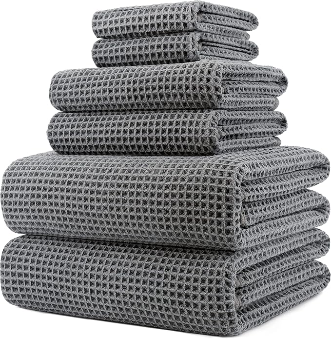 POLYTE 430 GSM Poly Blend Microfiber Quick Dry Waffle Bath Towel Set of 6 | 2-Body Towels, 2-Hand Towels, 2-Wash cloths, Oversize, Lint Free