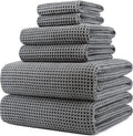 POLYTE 430 GSM Poly Blend Microfiber Quick Dry Waffle Bath Towel Set of 6 | 2-Body Towels, 2-Hand Towels, 2-Wash cloths, Oversize, Lint Free