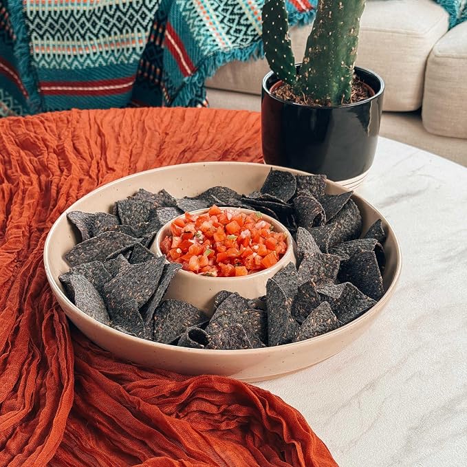 Mora Ceramic Chips and Dip Serving Tray: Large Divided Party Bowl Set for Chips & Salsa, Veggies & Dip, Fruit, Snacks, Entertaining, Hosting, etc. Minimalist Design for the Modern Hostess - Chai
