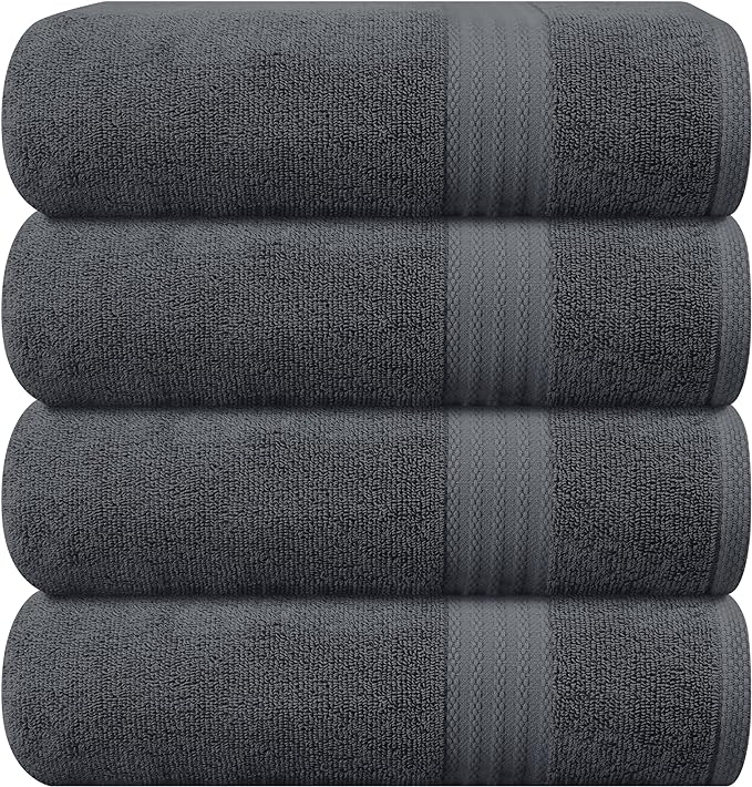 GLAMBURG Premium Cotton 4 Pack Bath Towel Set - 100% Pure Cotton - 4 Bath Towels 27x54 - Ideal for Everyday use - Ultra Soft & Highly Absorbent - Charcoal