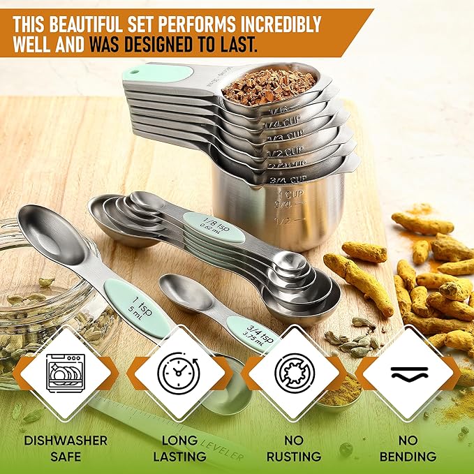 Spring Chef Magnetic Measuring Cups & Spoons Set of 15, Patented, Mint | Stackable Stainless Steel Measuring Cups & Heavy Duty Metal Measuring Spoons with Levelers for Dry & Liquid Ingredients