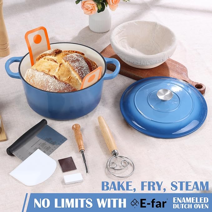 E-far Enameled Dutch Oven Pot for Bread Baking, 6QT Enameled Cast Iron Cookware with Self-Basting Lid & Sourdough Bread Baking Supplies, Heavy Duty Casserole Pot & Dual Handles-Blue