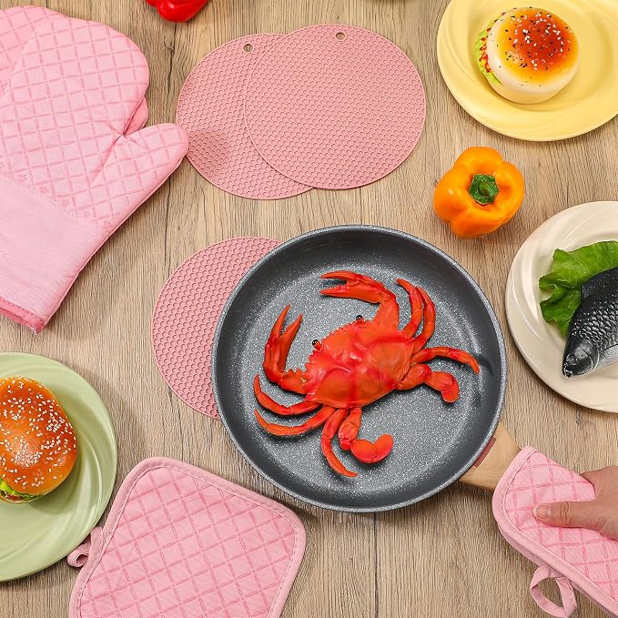 Pink Oven Mitts and Pot Holders 7 Sets, Pink, Rubber Cotton, Honeycomb | Heat Resistant Kitchen Gloves, Pads Pot Holders for Women, Chritsmas Gifts Kitchen Accessories Gift