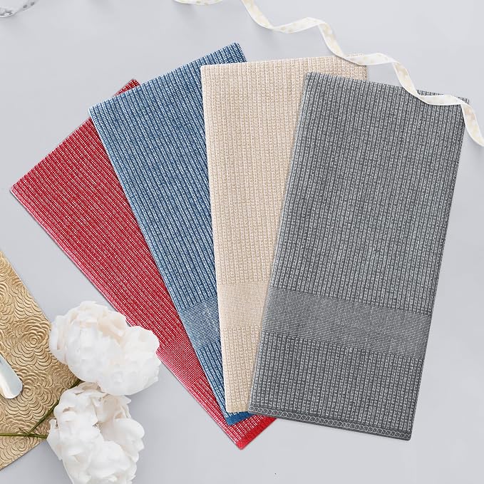 Homaxy 380 GSM Cotton Premium Kitchen Towels 6 Pack, 18"x 28", Mix | Flat and Terry Dish Towels, Highly Absorbent Tea Towel Set with Hanging Loop, Soft Kitchen Hand Towels, Red/Grey/Khaki