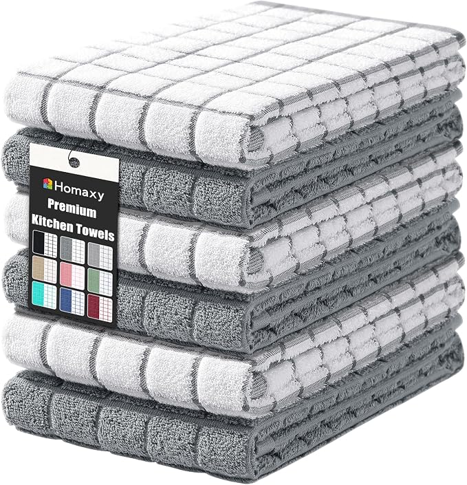 Homaxy Large Premium Cotton Kitchen Towels 16"x 28", 6 Pack, Grey | Natural Ring Spun 390 GSM Dish Towels, Super Absorbent Terry Kitchen Hand Towels, Soft Tea Towels with Hanging Loop