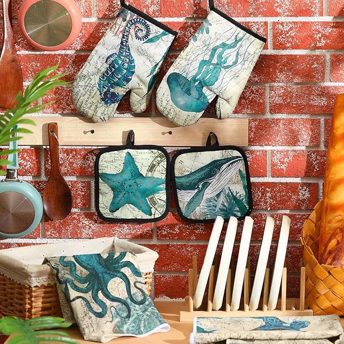 Mindsoft 6 Pcs Ocean Beach Kitchen Towel Oven Mitt Pot Holder Set | Heat Resistant Mitts, Sea Turtle Octopus Starfish Design, Coastal Beach Decor, Absorbent Towels for Cooking, Gift Set