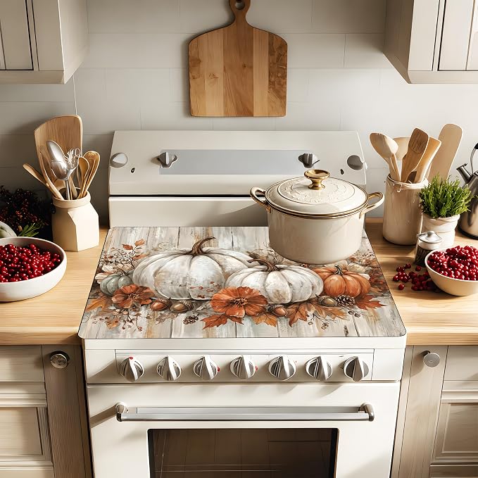 Pumpkin Stove Top Cover Mat, Thanksgiving Decor, 28.5 x 20.5Inchs(White pumpkin)