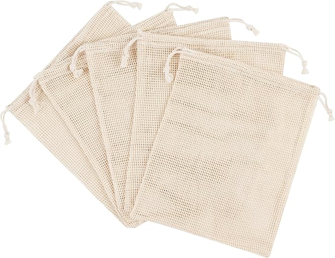 PALTERWEAR 100 Percent Natural Cotton Double Drawstring Mesh Bag For Herbs, Nuts, Fruit, Vegetables (8 x 10 Inch - Set of 5)