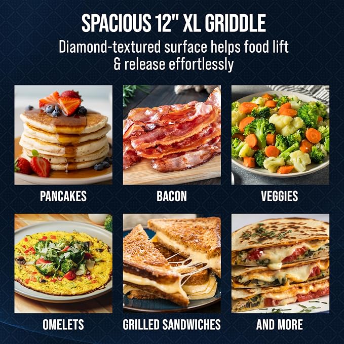 Blue Diamond Hybrid 12" Stainless Steel Nonstick XL Griddle Pan | PFAS-Free Ceramic Nonstick Round Skillet, Induction & All Cooktop Ready, Dishwasher and Oven Safe, Metal Utensil Safe
