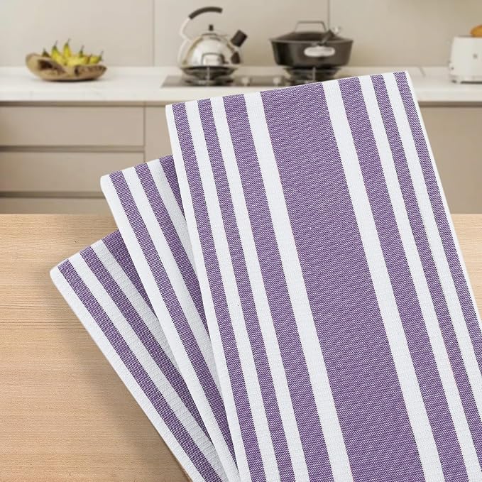 Homaxy Premium Cotton Stripe Kitchen Towels 8 Pack, 18"x 28", Purple | Large 380 GSM Kitchen Hand Towels, Soft Terry Dish Towels, Highly Absorbent Tea Towel Set with Hanging Loop