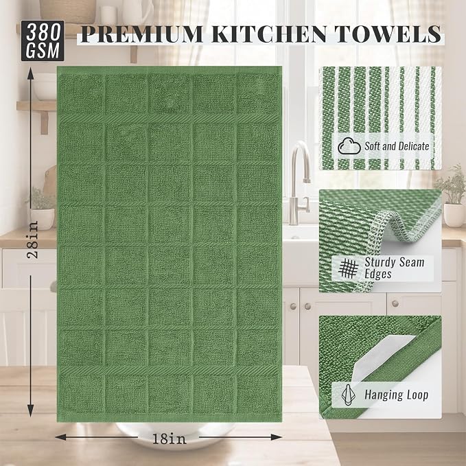 Homaxy 9 Pack Cotton Terry Premium Kitchen Towels, 18 x 28 in, Grass Green | Large 380 GSM Dish Towels, Highly Absorben Flat & Terry Kitchen Hand Towels, Soft Utility Tea Towel Set with Hanging Loop