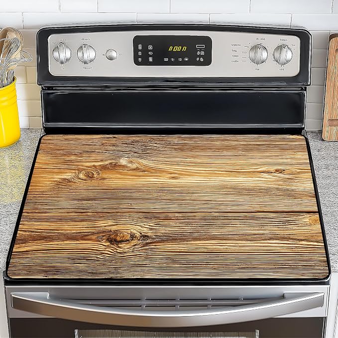 NYZE Wood Grain Color Stove Top Cover for Electric Stove 28x20 Inch Silicone Stovetop Protector, Scratch-Resistant Decorative Kitchen Counter Mat for Electric/Glass Stove Top