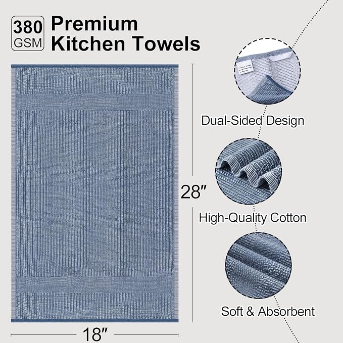 Mordimy Premium Large Cotton Kitchen Towels (18"x 28", 3 Pack), Navy Blue | 100% Ring Spun Cotton, Super Absorbent, 380 GSM, Flat & Terry, Soft, Hanging Loop Dish Towels