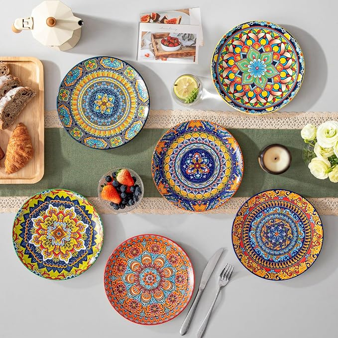 vancasso Colorful Dessert Plates Set of 6, 8.5 Inch Ceramic Salad Plates | Boho Small Dinner Plates, Bohemian Printed Kitchen Plate for Breakfast, Microwave & Dishwasher Safe Dishes, Series KRVI