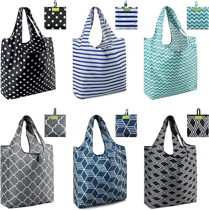 BeeGreen Grocery Bags | Reusable Gift Bags, Large Tote for Women & Foldable Beach Bag - 6 Pack Reusable Bag With Handles | Collapsible Cute Cloth Storage for Market, Holiday & Shopping | Washable