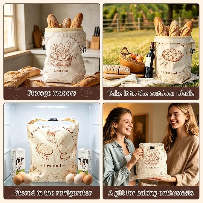 Beeswax Bread Bags for Homemade Bread, 3 Pack Large 16.9"x12.6" Reusable Natural Beeswax Lined Cotton Bags, Zipper and Lock Closure for Maximum Freshness, Zero Waste Kitchen Essential for Sourdough