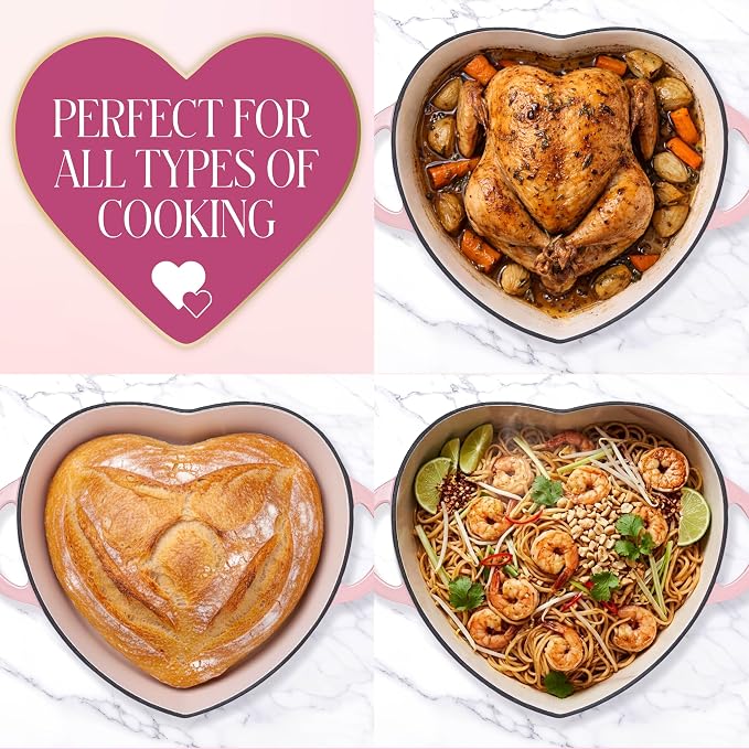 Paris Hilton Enameled Cast Iron Braiser, Heart-Shaped Skillet with Lid, Superior Heat Retention Casserole, Stovetop and Oven-to-Table, 3.5-Quart, Pink