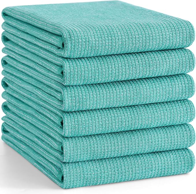 Homaxy 380 GSM Cotton Premium Kitchen Towels 6 Pack, 18"x 28", Teal | Flat and Terry Dish Towels, Highly Absorbent Tea Towel Set with Hanging Loop, Soft Utility Kitchen Hand Towels