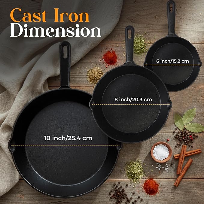 Utopia Kitchen Cast Iron Skillet Set 3 Piece 6 8 10 Inch PFAS-Free Black | Chef Pan, Even Heat Distribution, Stovetop, Campfire and Grill Safe, Large Skillet Set, Indoor Outdoor Use