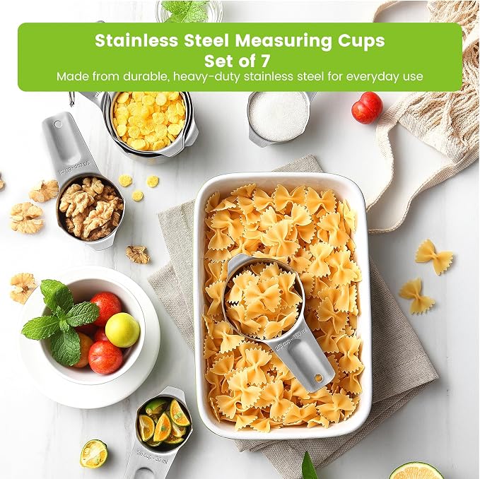 Spring Chef Stainless Steel Measuring Cups Set of 7 with Pour Spout | Metal Measuring Cups for Measuring Dry or Liquid Ingredients, Easy to Read Markings, Dishwasher Safe Nesting Cups for Kitchen